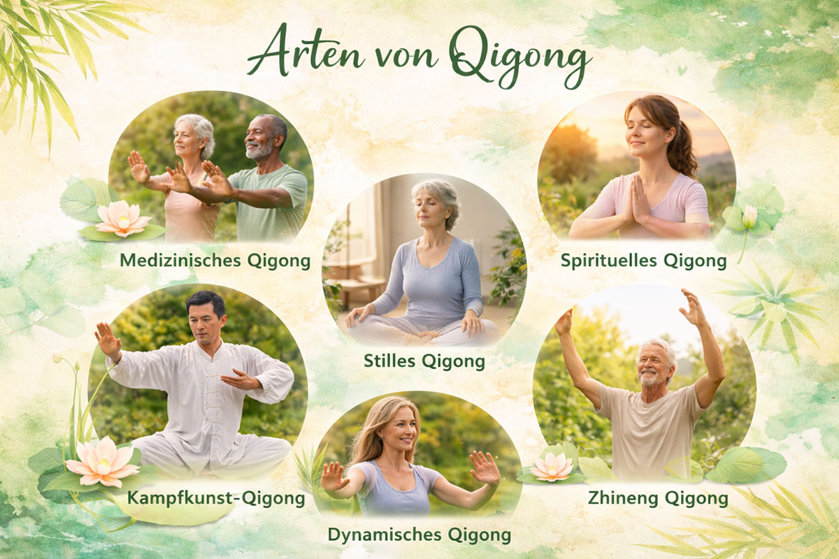 Infografik mit dem Titel „Arten von Qigong“, die verschiedene Qigong-Formen zeigt: Medizinisches Qigong, Spirituelles Qigong, Kampfkunst-Qigong, Stilles Qigong, Dynamisches Qigong und Zhineng Qigong, jeweils mit einer beispielhaften Darstellung.