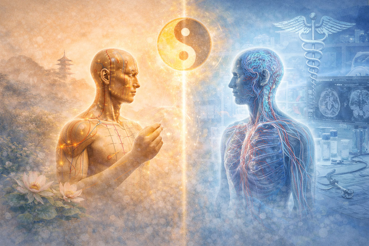 Illustration zum Vergleich der Traditionellen Chinesischen Medizin und der westlichen Medizin mit Darstellung von Meridianen, Qi-Fluss und anatomischen Strukturen.
