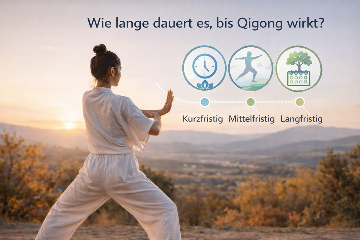 Frau praktiziert Qigong im Freien mit aufrechter Haltung und fließenden Armbewegungen vor einer natürlichen Landschaft.