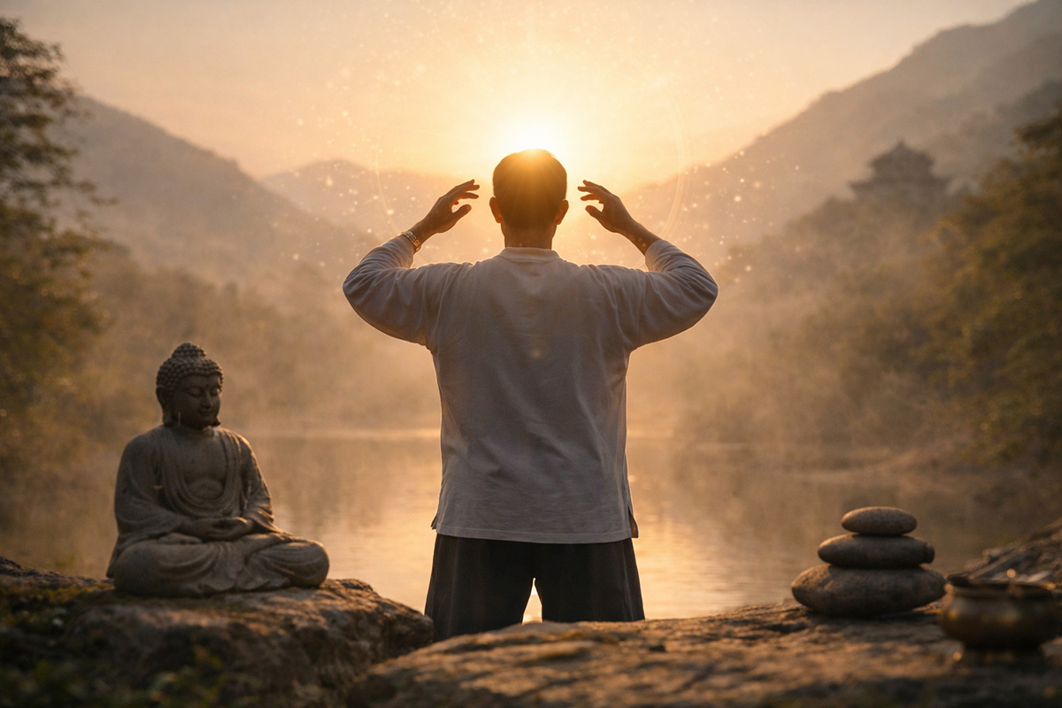 Person praktiziert Qigong mit ruhigen, bewussten Bewegungen in einer natürlichen Umgebung bei Sonnenaufgang.