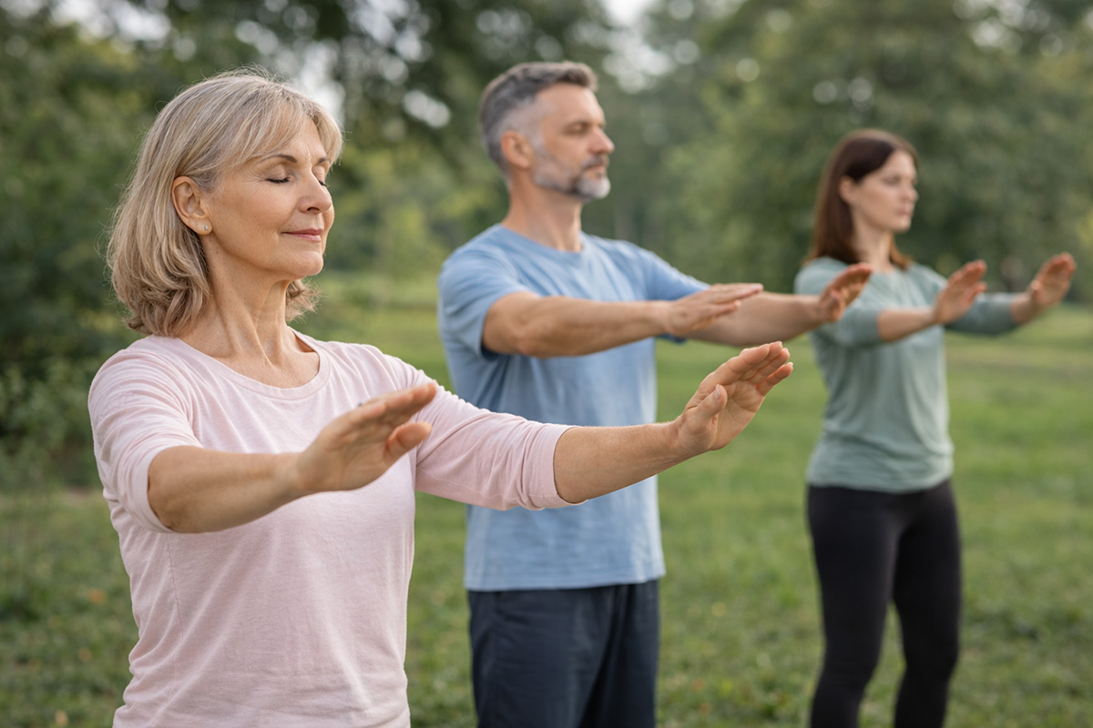 Drei Personen stehen im Park und führen eine einfache Qigong-Übung mit langsam nach vorne gehobenen Armen aus. Sie tragen bequeme Alltagskleidung und bewegen sich ruhig und konzentriert im Grünen.