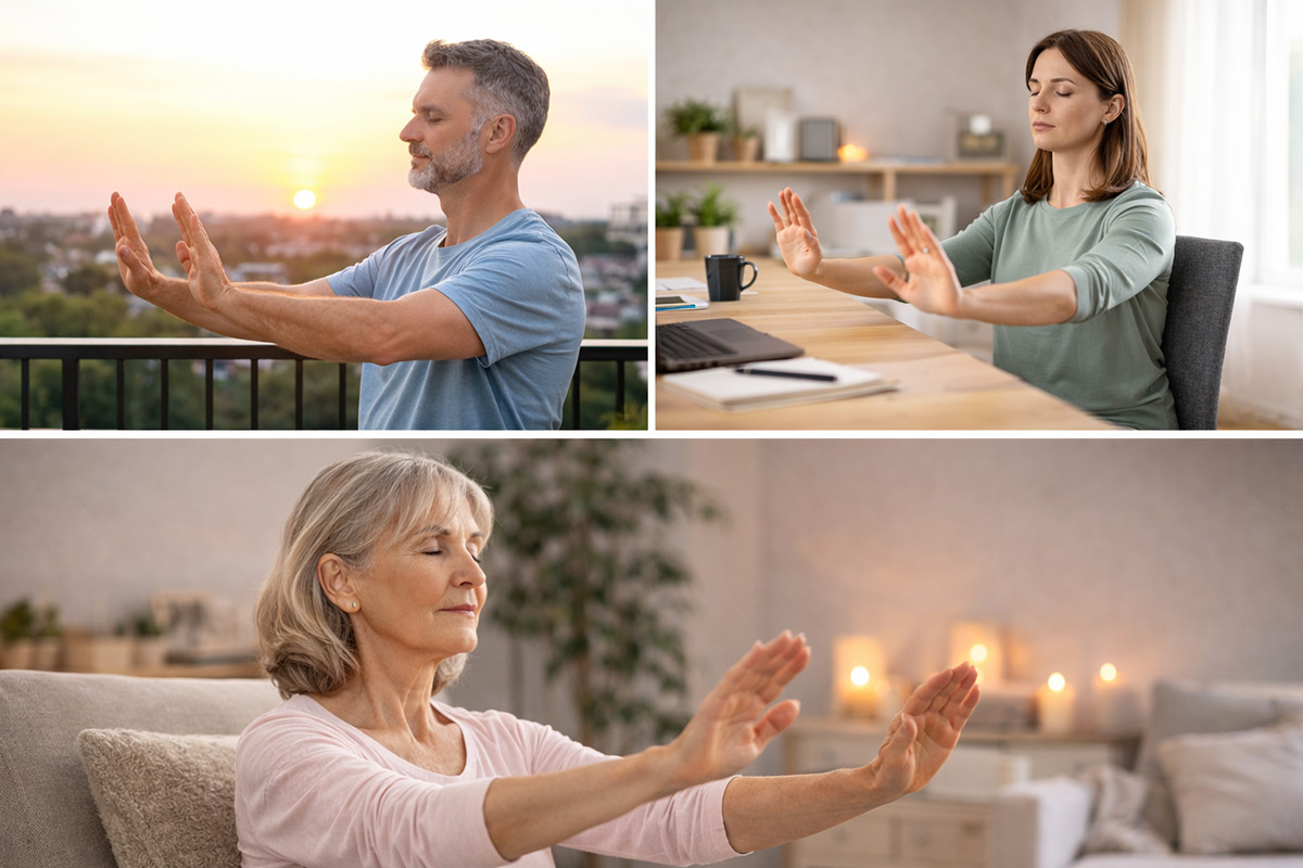 Collage mit drei Szenen: Ein Mann übt Qigong auf einem Balkon bei Sonnenaufgang, eine Frau praktiziert im Sitzen am Schreibtisch im Büro und eine ältere Frau führt abends im Wohnzimmer ruhige Armbewegungen aus.