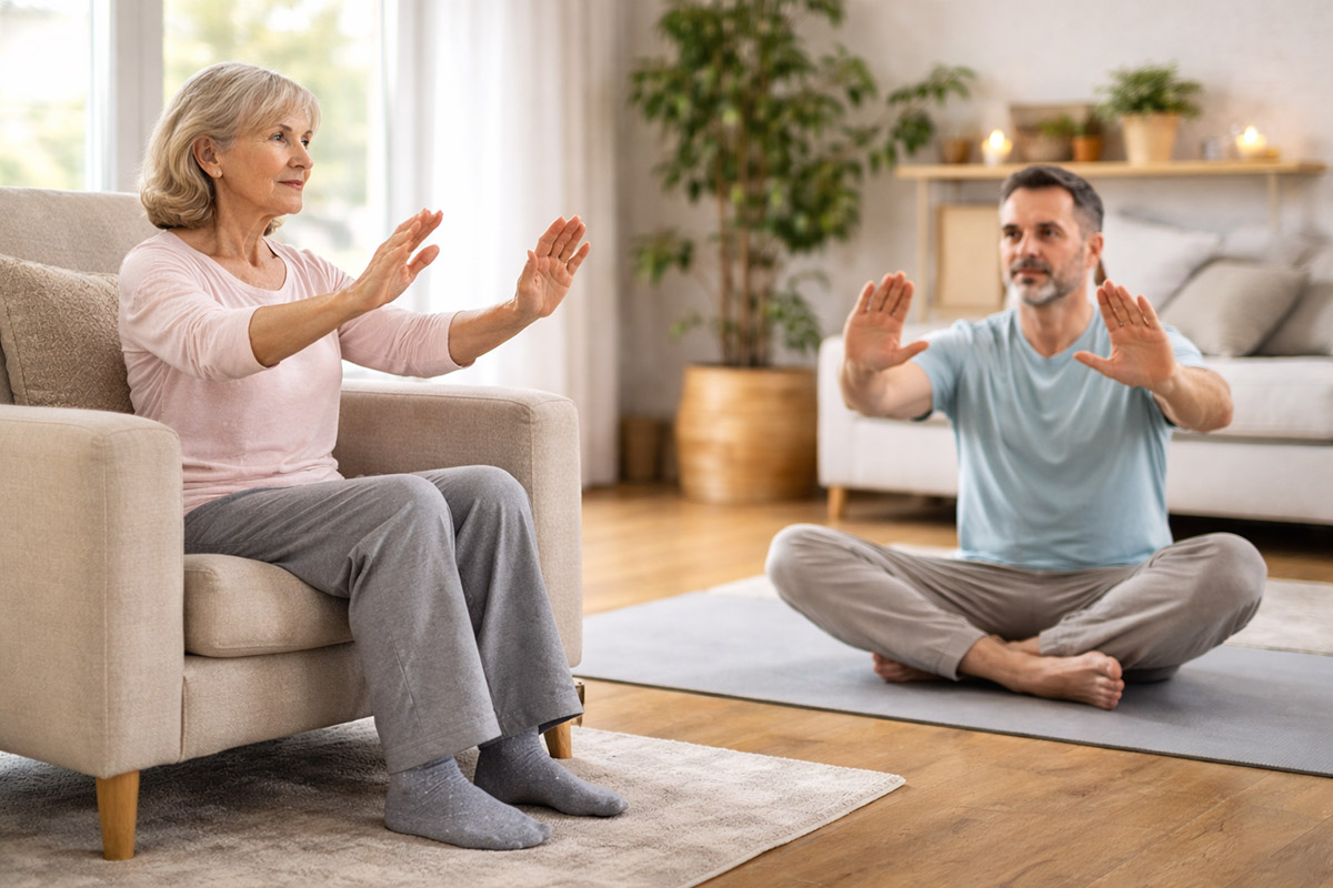 Ältere Frau übt Qigong im Sitzen auf einem Sessel, die Arme ruhig nach vorne gehoben. Ein Mann sitzt auf einer Matte im Hintergrund und führt die gleiche Bewegung aus. Heller Wohnraum mit ruhiger Atmosphäre.