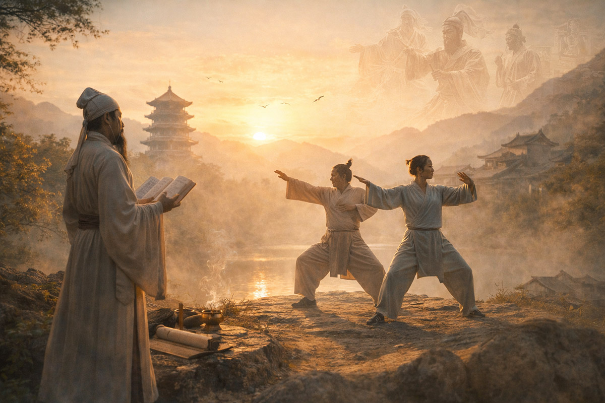 Traditionelle Qigong-Übungen in historischer chinesischer Umgebung mit Fokus auf Bewegung, Atmung und Achtsamkeit.