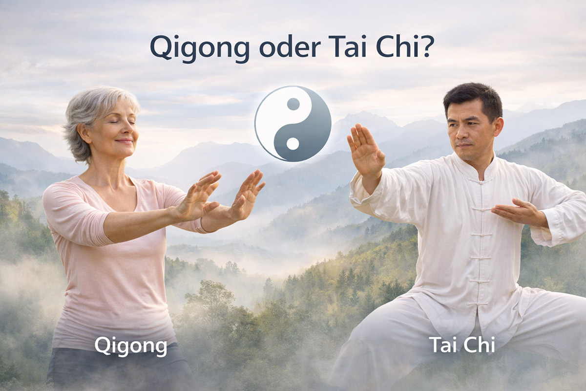Zwei Personen üben unterschiedliche chinesische Bewegungskünste vor einer Berglandschaft: links eine Frau mit ruhigen Qigong-Bewegungen, rechts ein Mann mit einer Tai-Chi-Bewegung; dazwischen ein Yin-Yang-Symbol.