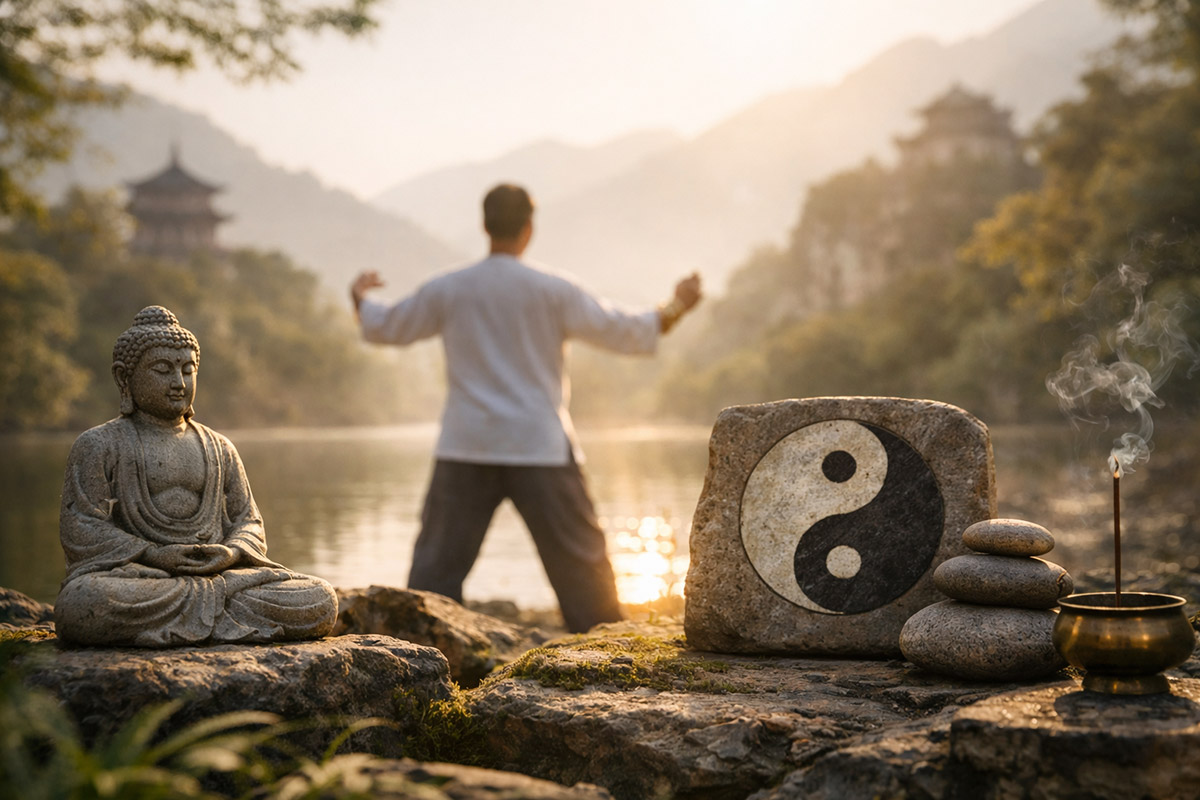 Person praktiziert Qigong mit ruhigen Bewegungen in einer natürlichen Umgebung, umgeben von Symbolen für Achtsamkeit und Harmonie.