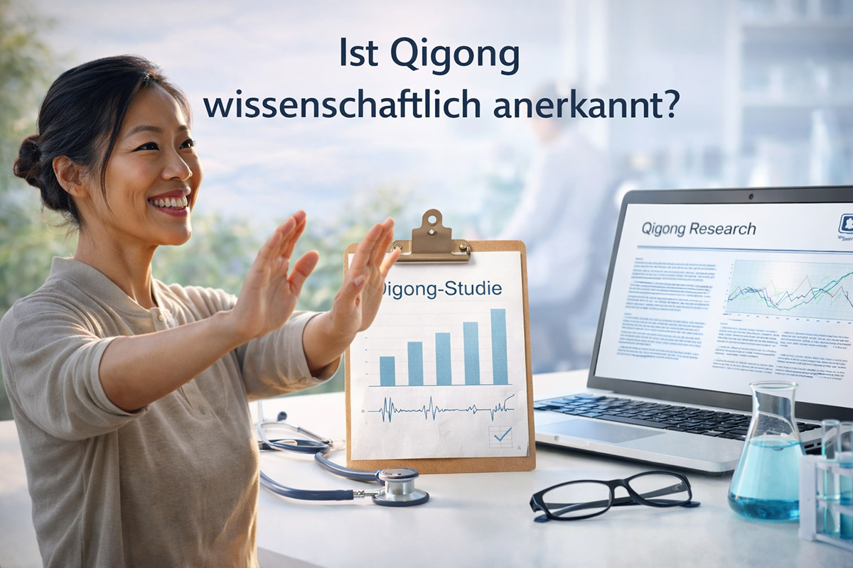 Frau übt Qigong mit ruhiger Armhaltung in einem hellen Raum; im Hintergrund sind wissenschaftliche Materialien wie Laptop, Diagramme und eine beschriftete Qigong-Studie zu sehen.