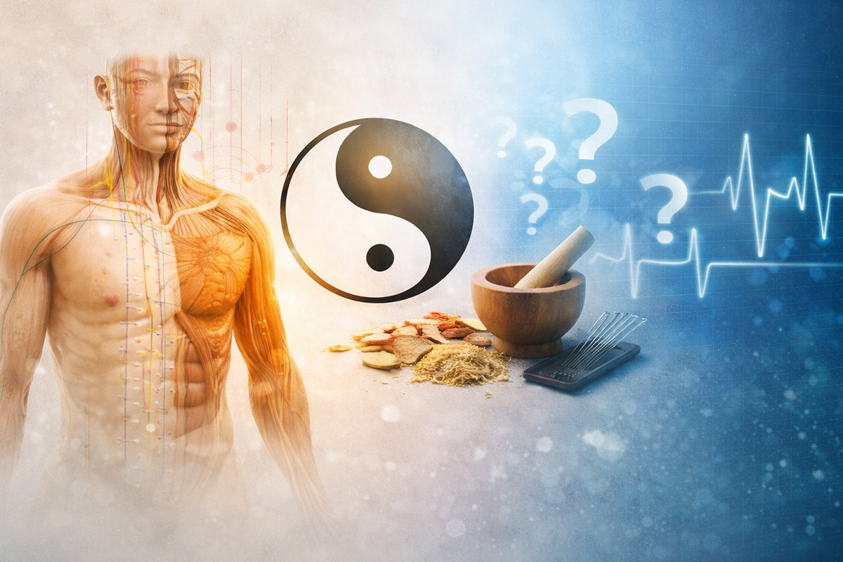 Illustration zu zentralen Konzepten der Traditionellen Chinesischen Medizin mit Darstellung von Yin und Yang, Meridianverläufen, Kräutern und einem Vergleich zur westlichen Medizin.