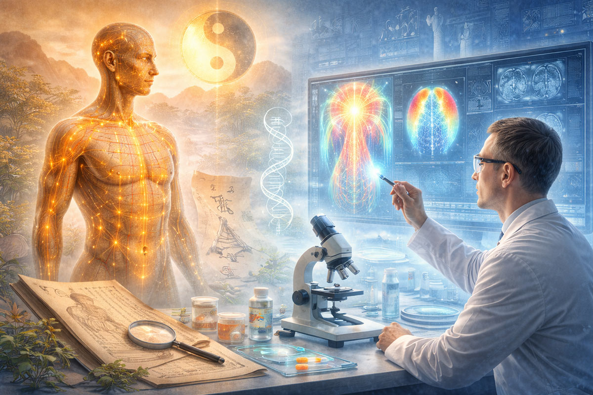 Illustration zur wissenschaftlichen Einordnung von Meridianen mit Darstellung eines menschlichen Körpers mit Energiebahnen sowie moderner Forschungs- und Bildgebungselemente.