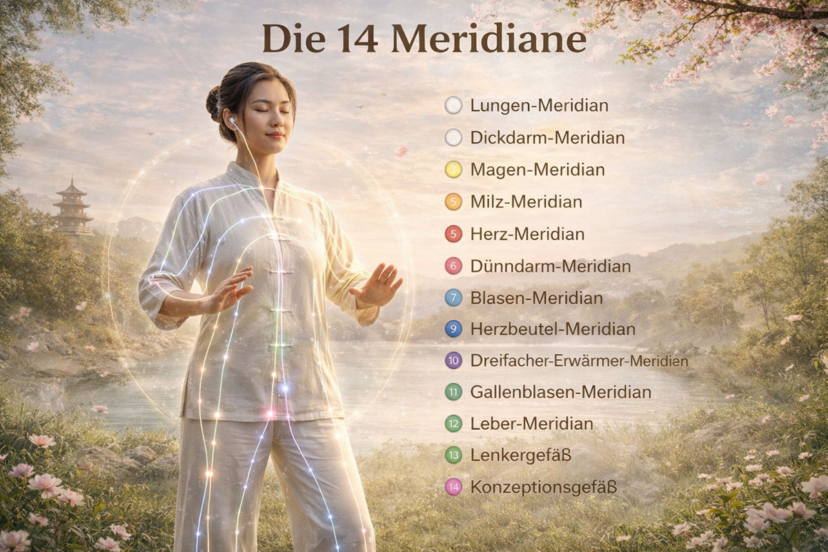 Frau bei Qigong-Übung in der Natur mit visualisierten Meridianen der Traditionellen Chinesischen Medizin