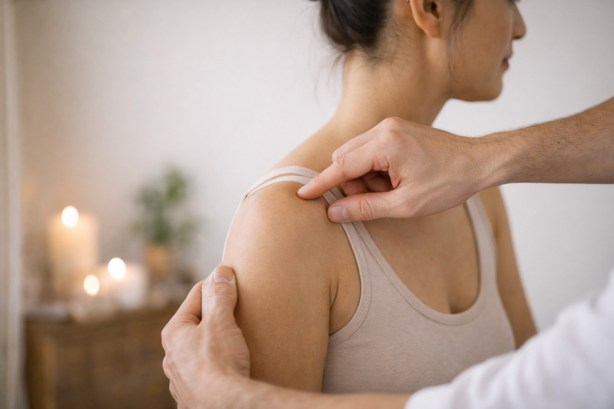 Akupressur im Schulterbereich entlang des Dreifachen Erwärmers als Beispiel für TCM-Anwendung