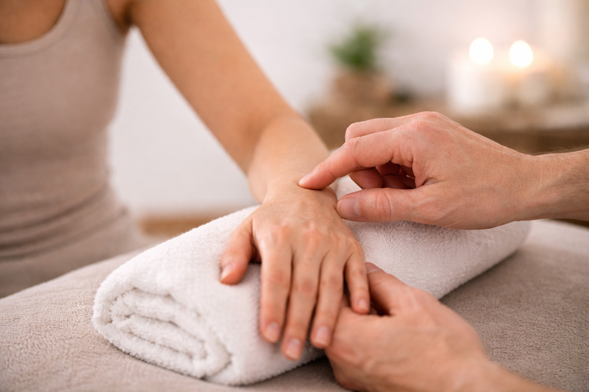 Akupressur an der Hand entlang des Dünndarm-Meridians als Beispiel für TCM-Anwendung