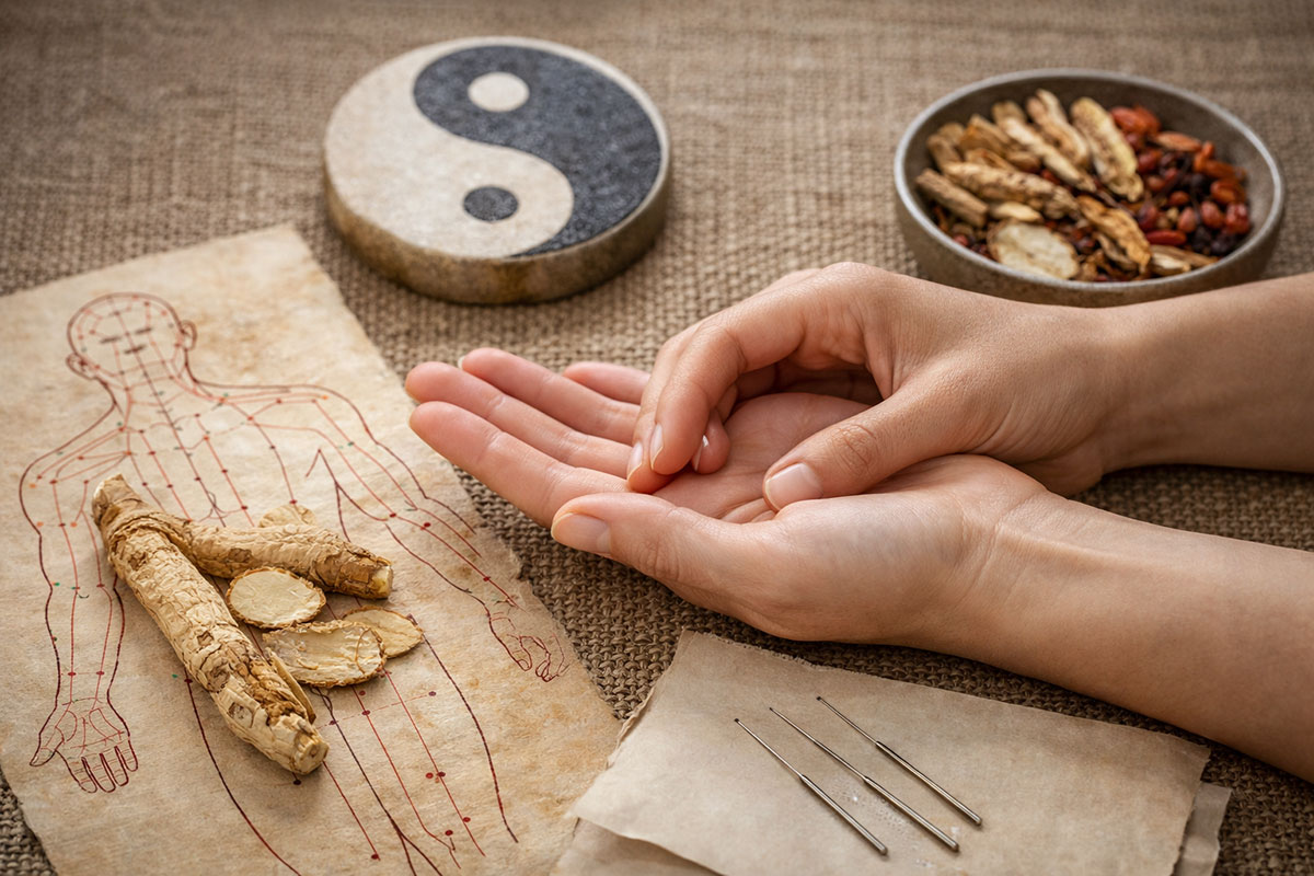 Hände üben Akupressur an der Handfläche mit TCM-Meridianzeichnung, Yin-Yang-Symbol und Kräutern