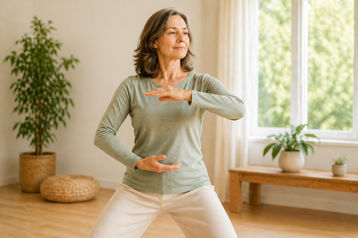 Frau übt zu Hause Qigong – Online-Kurse für Einsteiger ab 40
