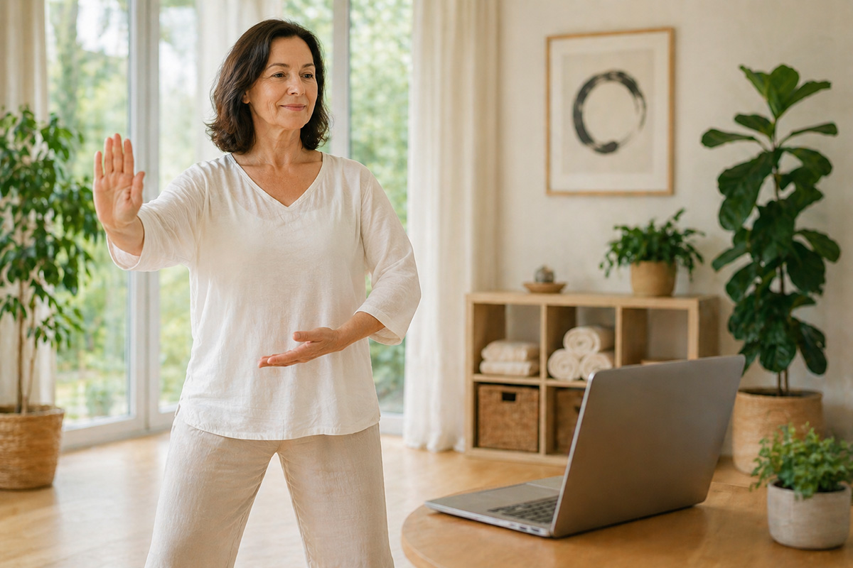 Frau übt Qigong online vor Laptop – flexibel von zu Hause