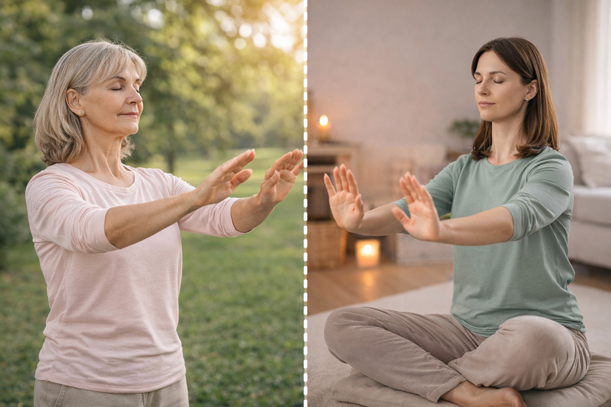 Zwei Frauen üben Qigong drinnen und draußen als Beispiel für eine regelmäßige Qigong-Praxis