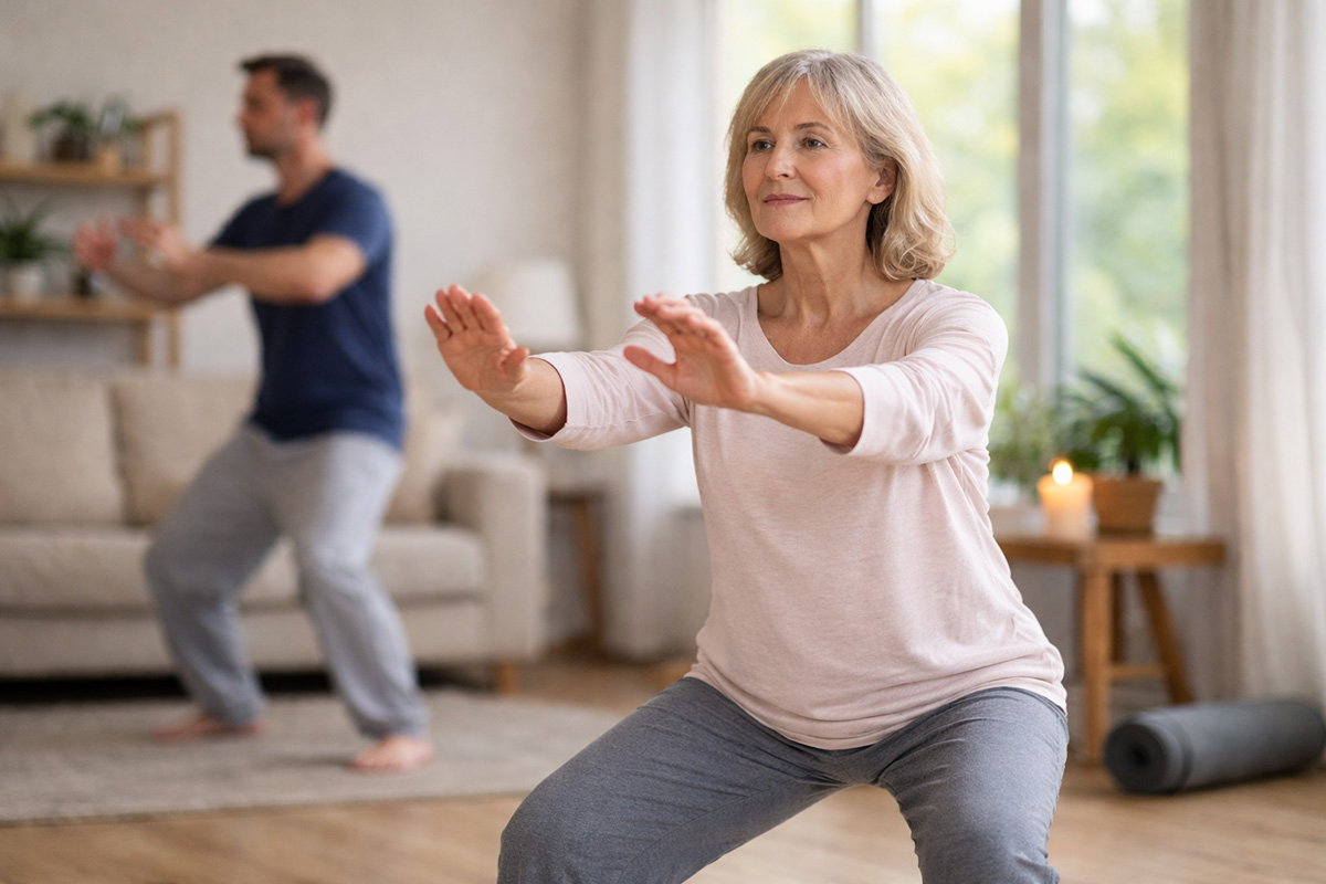 Frau und Mann üben Qigong im Alltag zu Hause mit ruhigen Bewegungen im Stand
