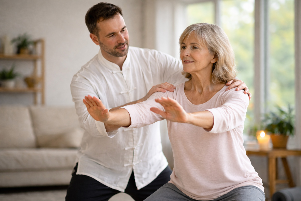 Qigong-Lehrer korrigiert achtsam die Haltung einer Teilnehmerin beim Qigong-Unterricht