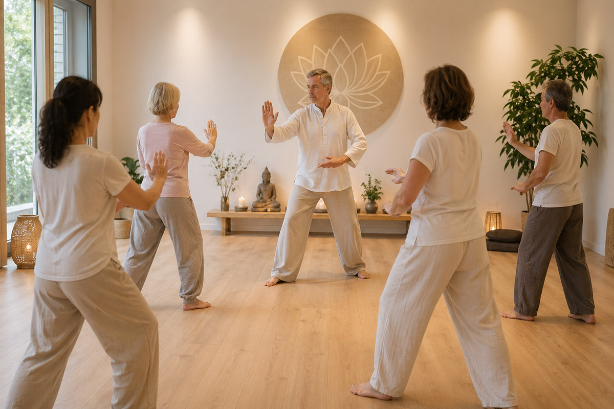Qigong-Workshop in Remagen – Gruppe übt sanfte Bewegungen mit persönlicher Begleitung
