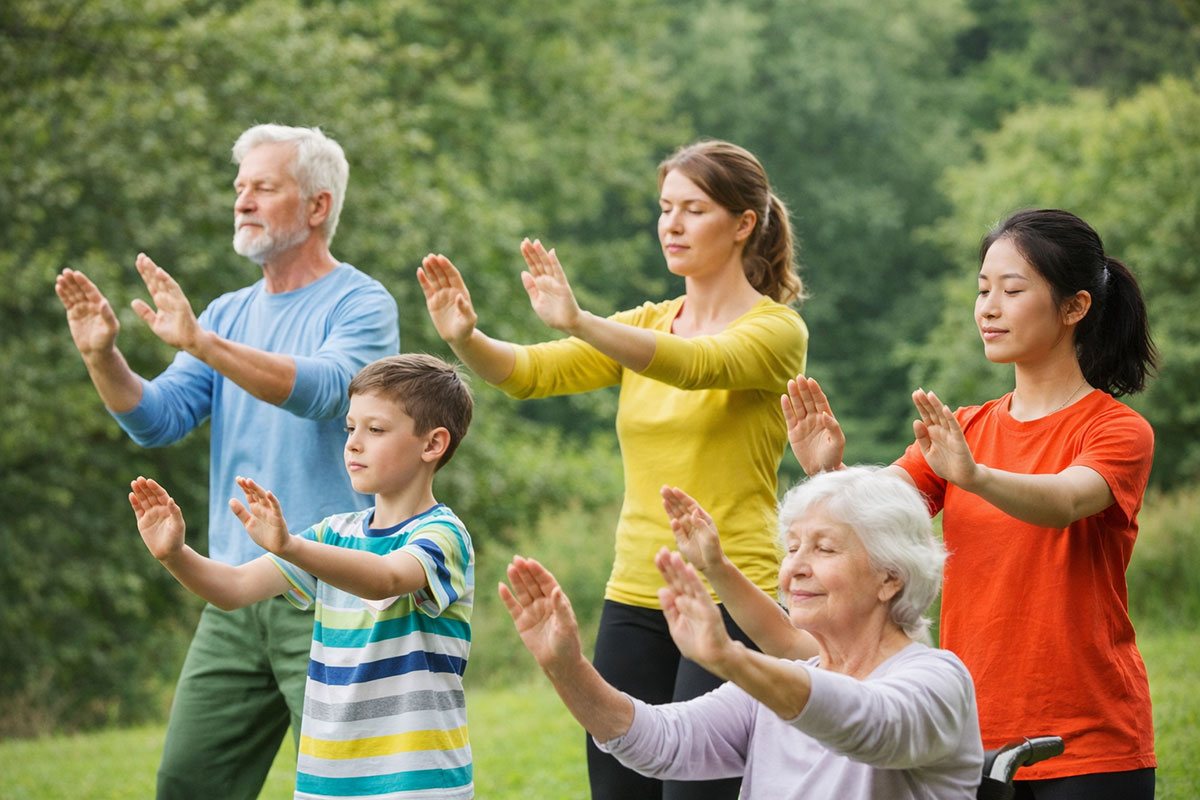 Menschen unterschiedlichen Alters üben gemeinsam Qigong in der Natur