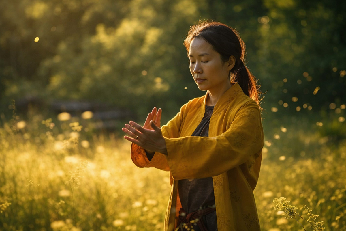 Frau übt Qigong in der Natur mit ruhigen, achtsamen Bewegungen