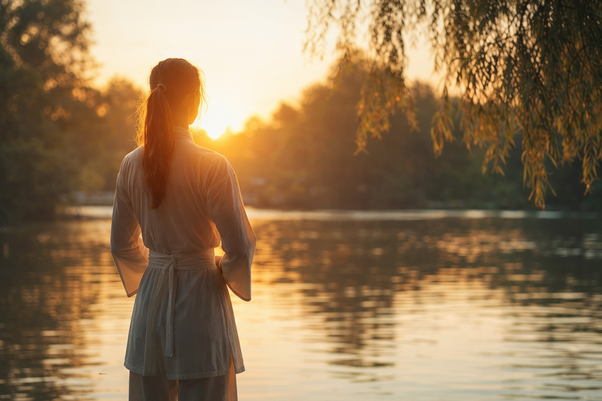 Frau steht ruhig am See bei Sonnenuntergang als stimmungsvolles Bild zu häufigen Fragen über Qigong