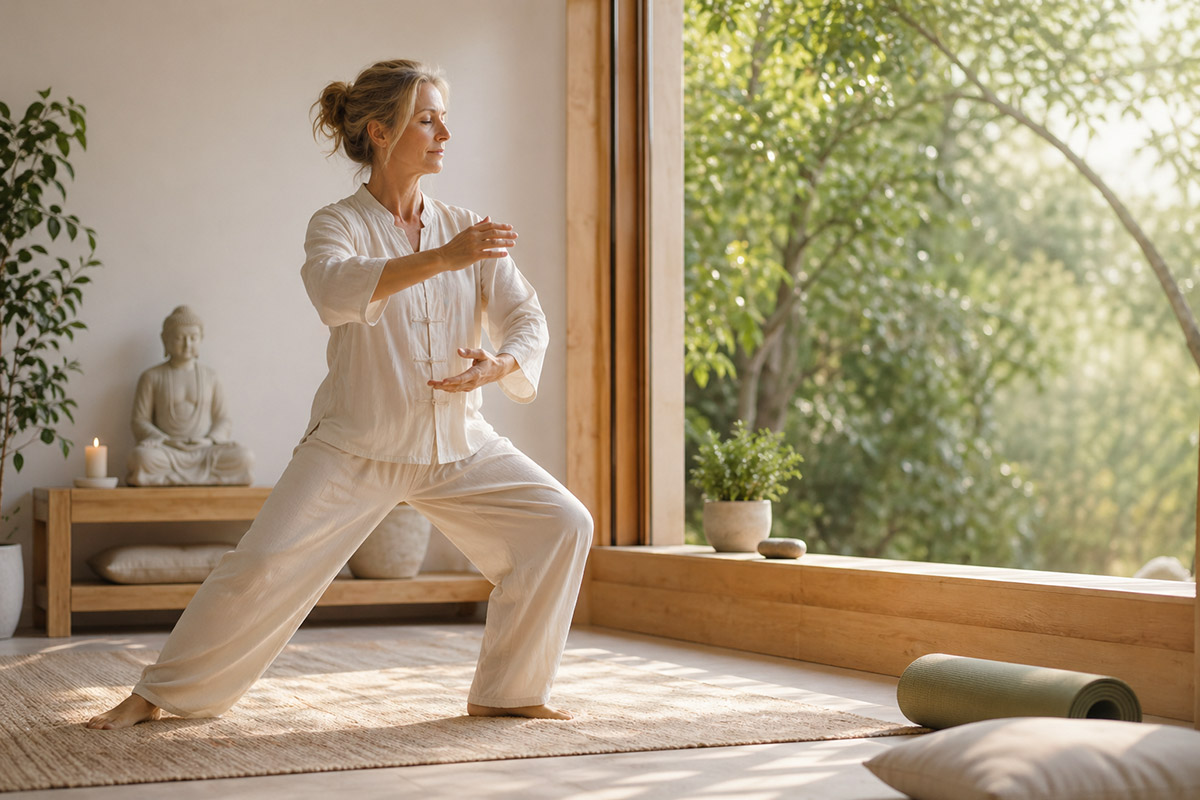 Frau übt Qigong online – tägliche Praxis für mehr Ruhe, Energie und Balance