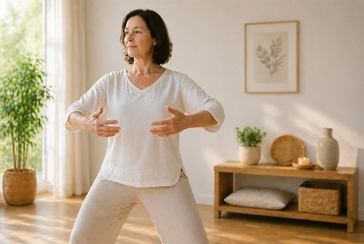 Frau übt Stehende Säulen – einfache Qigong-Einheit für den Alltag