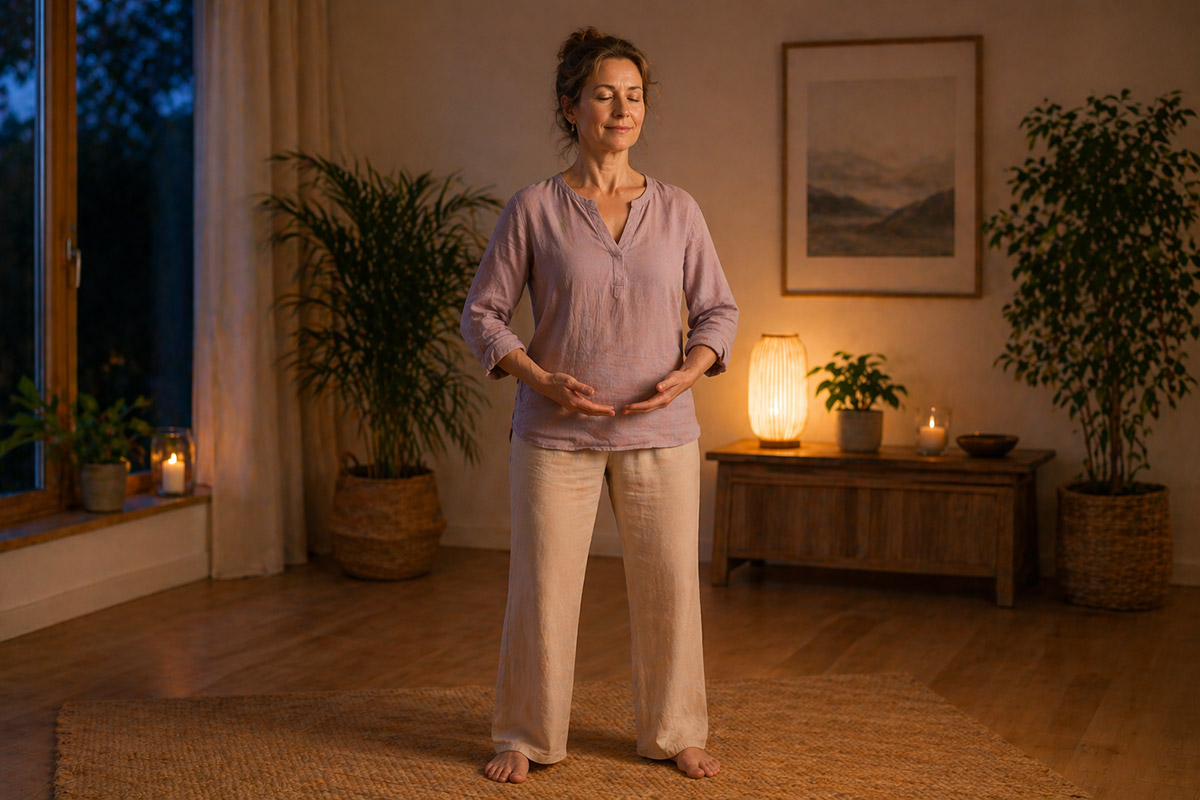 Frau übt Qigong am Abend – Abendentspannung für besseren Schlaf