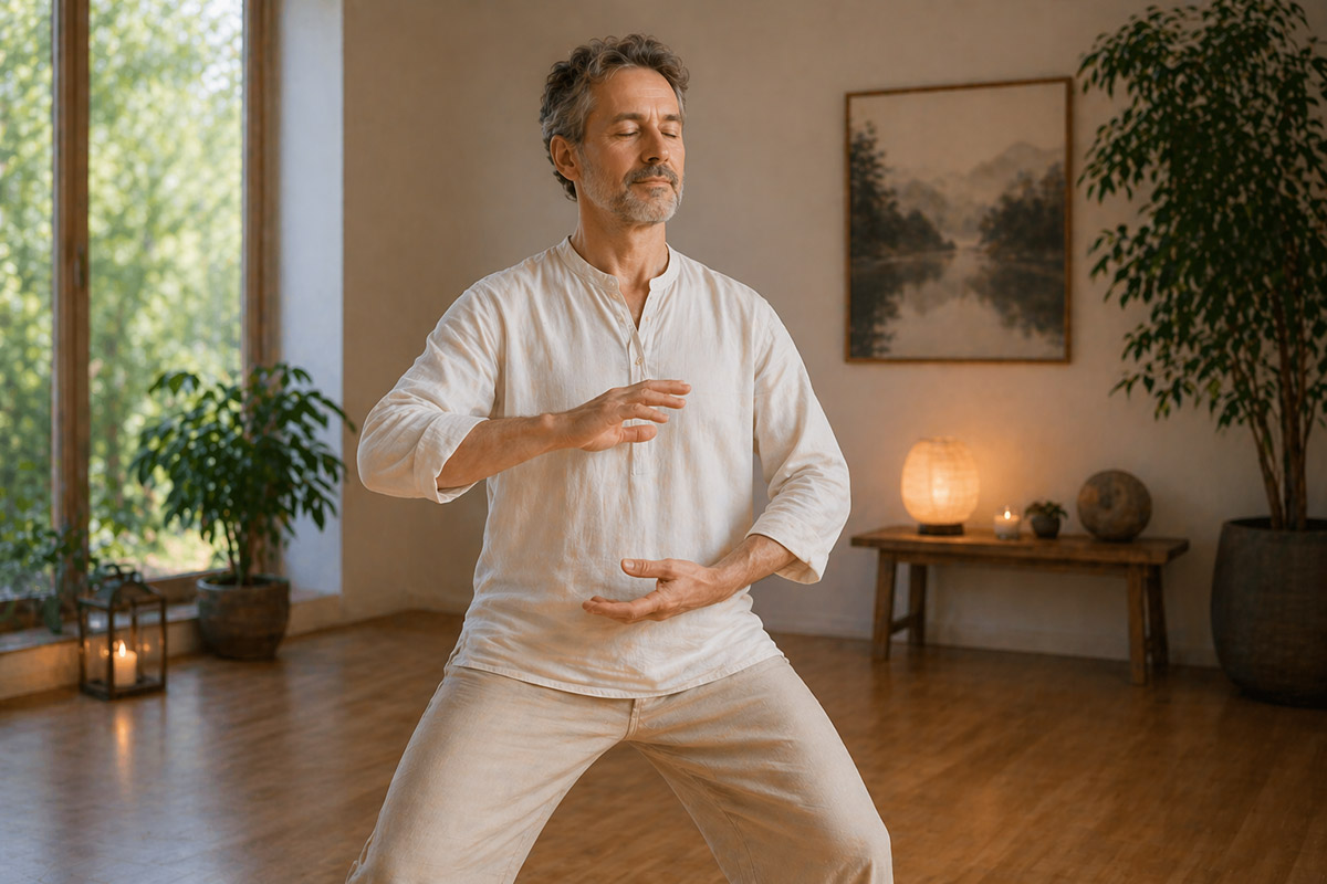 Mann übt Qigong gegen Stress – ruhige Bewegung für innere Balance
