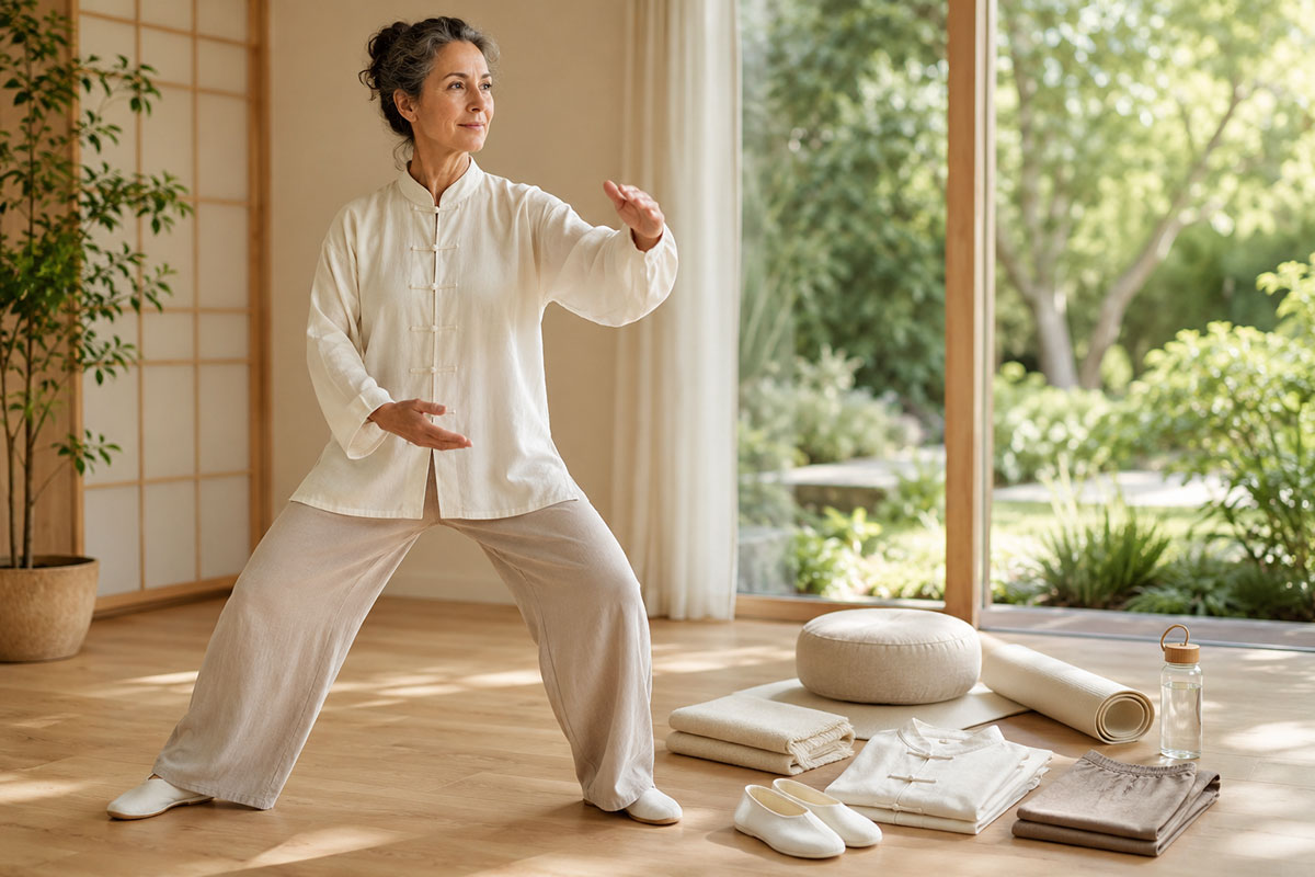 Frau in heller Qigong-Kleidung übt Qigong in einem hellen Raum mit Übungsmatte, Kleidung und Zubehör